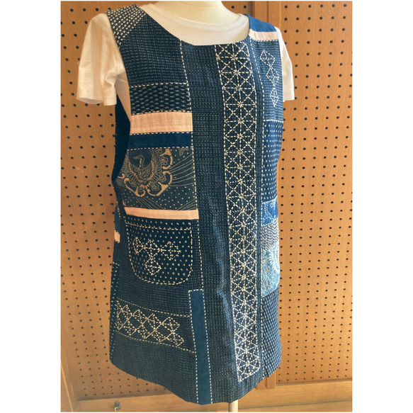 書生絣の手刺し子チュニック 古布リメイク （書生絣の手刺し子  