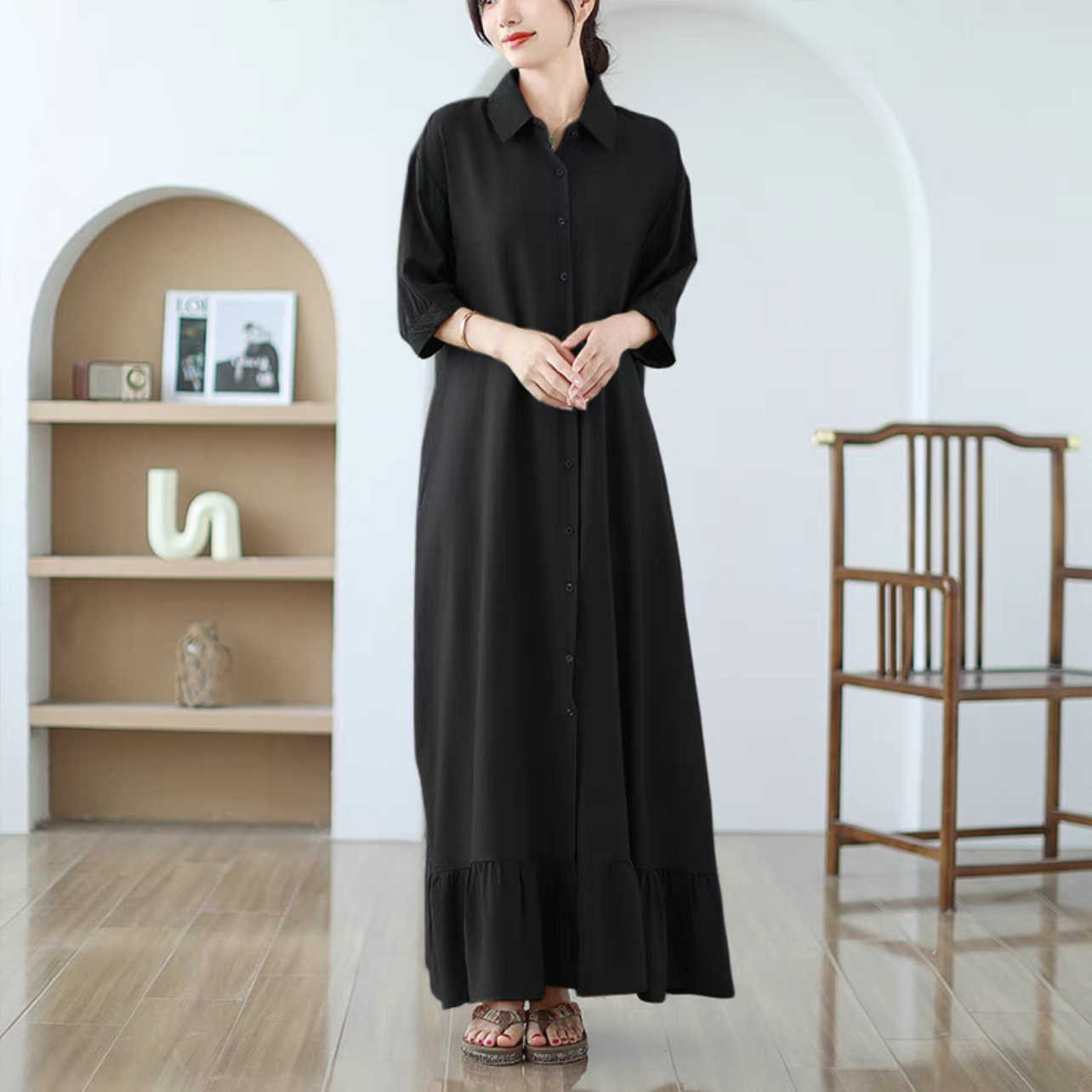 夏のワンピース、綿麻ワンピース、綿麻ロング丈スカート、コットンリネンワンピース