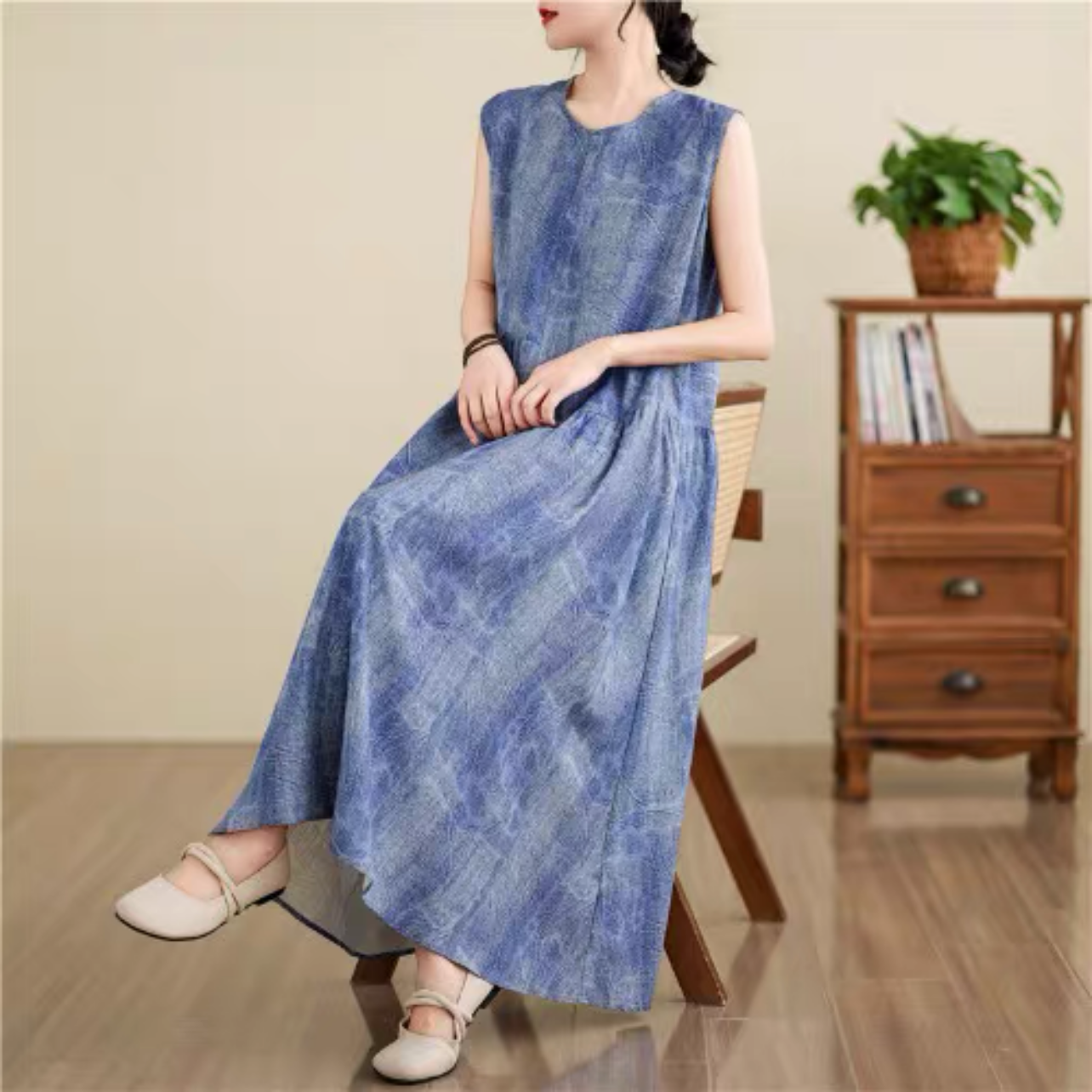 夏のワンピース、綿麻ワンピース、綿麻ロング丈スカート、コットンリネンワンピース