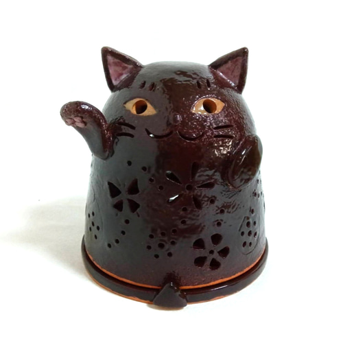 黒ネコのランプ 陶器 招き猫 黒猫 蝶 花 スタンドライト・テーブル
