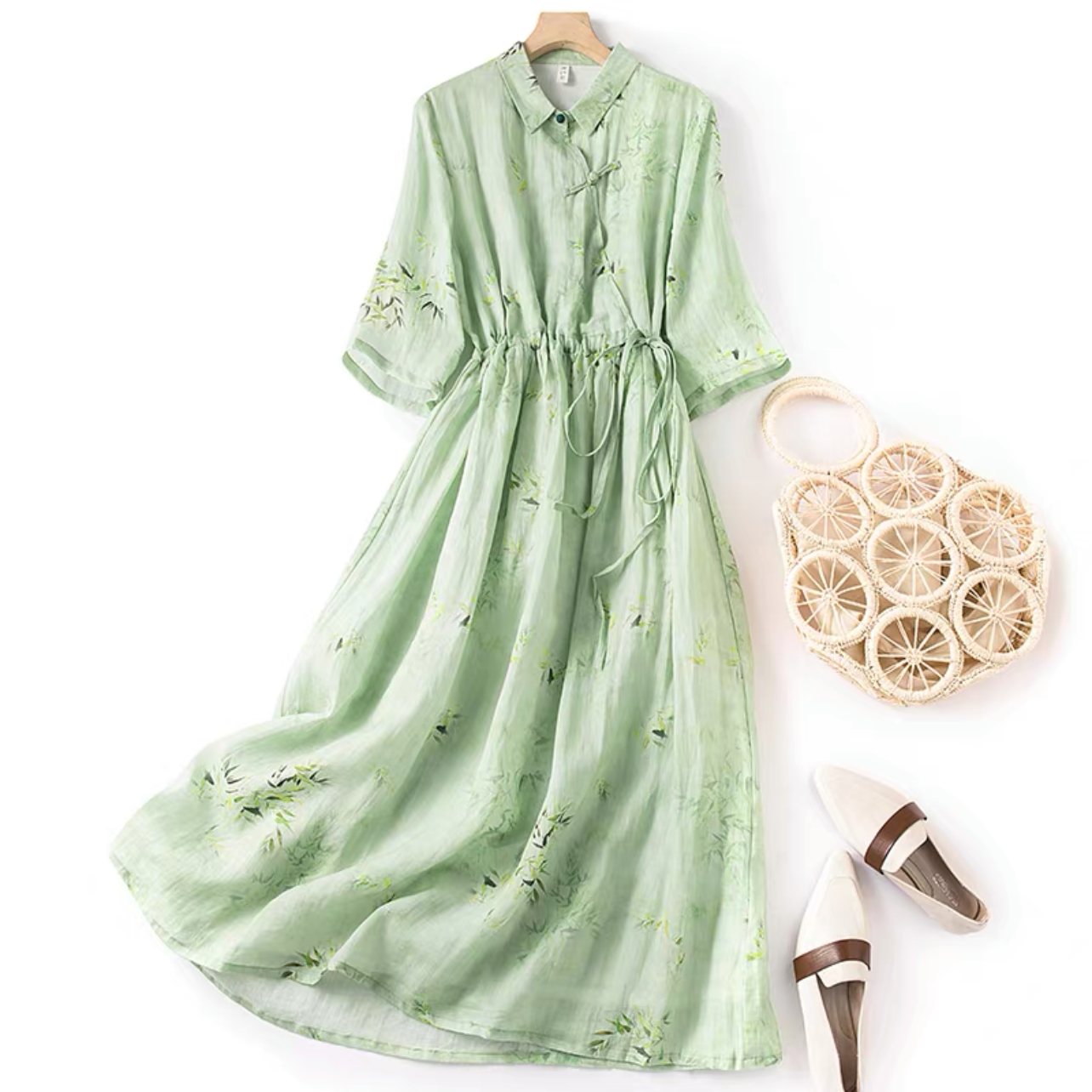 夏のワンピース、綿麻ワンピース、綿麻ロング丈スカート、コットンリネンワンピース