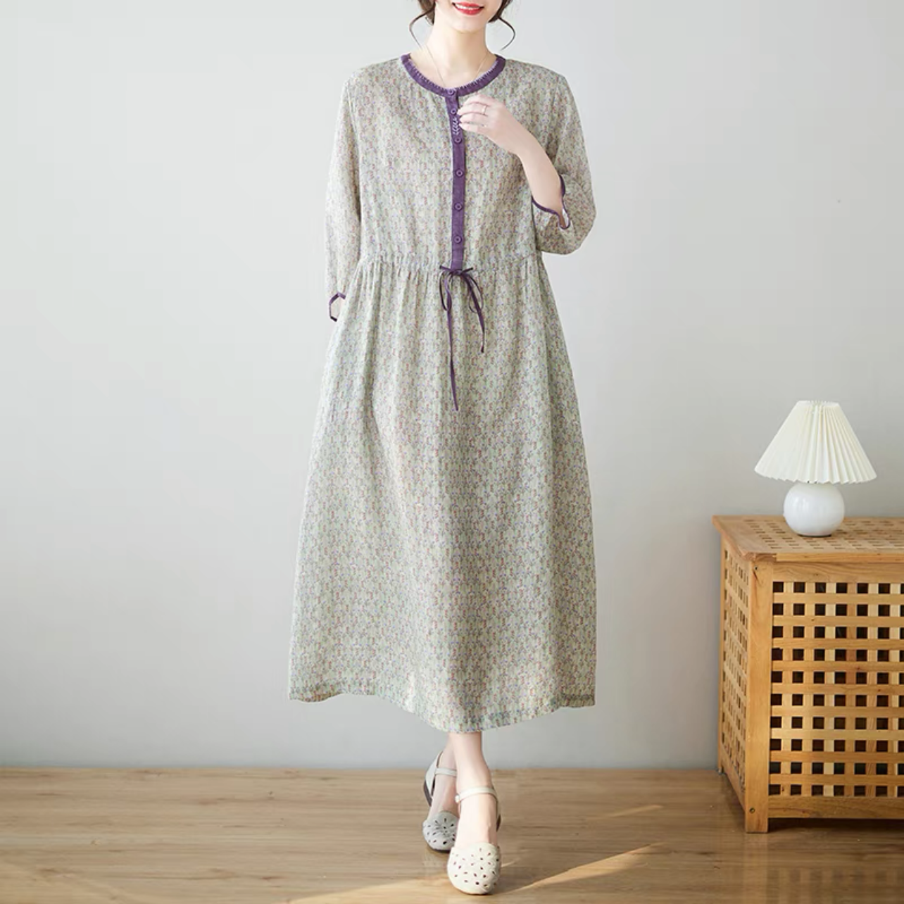 夏のワンピース、綿麻ワンピース、綿麻ロング丈スカート、コットンリネンワンピース