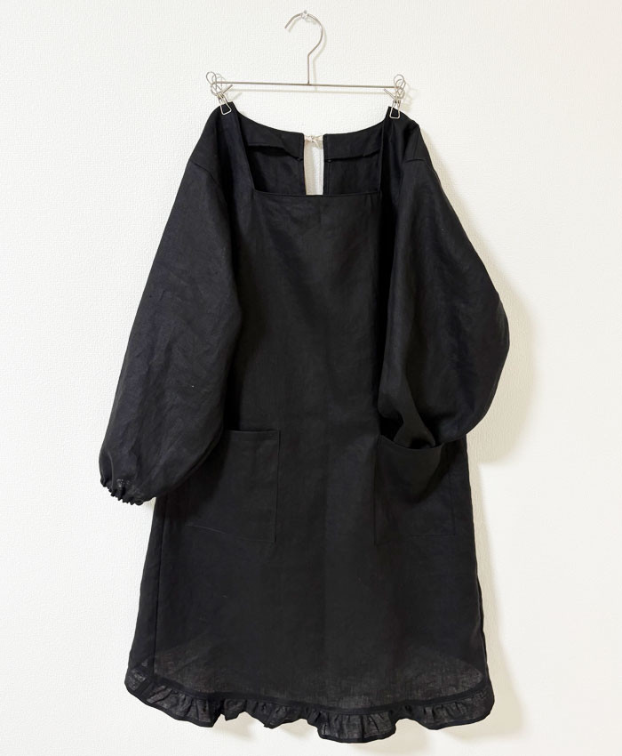 リネン１００％の割烹着 エプロン 【ロングXブラック】