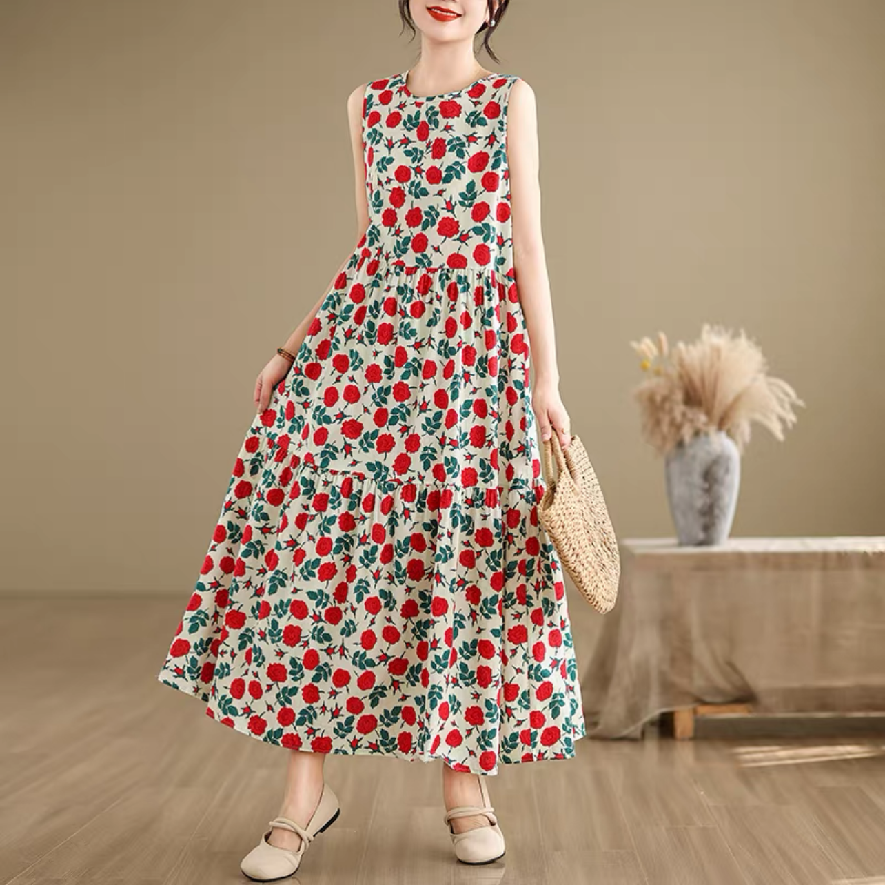 夏のワンピース、綿麻ワンピース、綿麻ロング丈スカート、コットンリネンワンピース