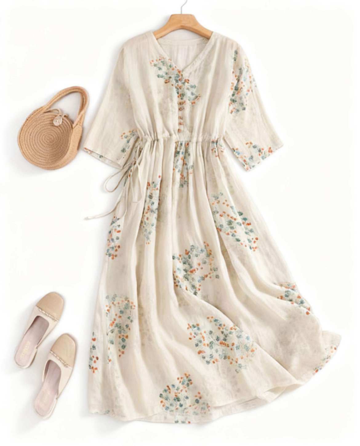 夏のワンピース、綿麻ワンピース、綿麻ロング丈スカート、コットンリネンワンピース