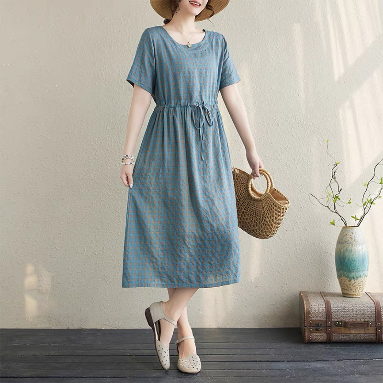 夏のワンピース、綿麻ワンピース、綿麻ロング丈スカート、コットンリネンワンピース