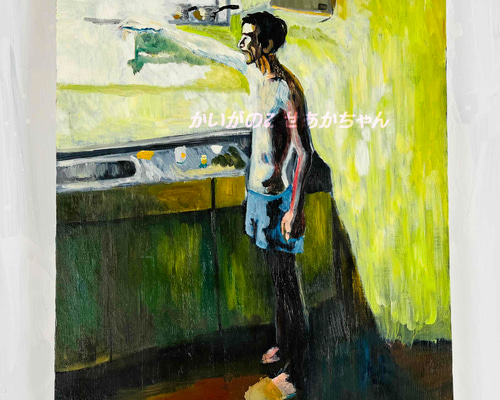 61×73㎝「台所に立つ男」油彩・原画・F20 61 x 73 公分《站在廚房裡的男人》F20，原創油畫N 畫かいがのみせ