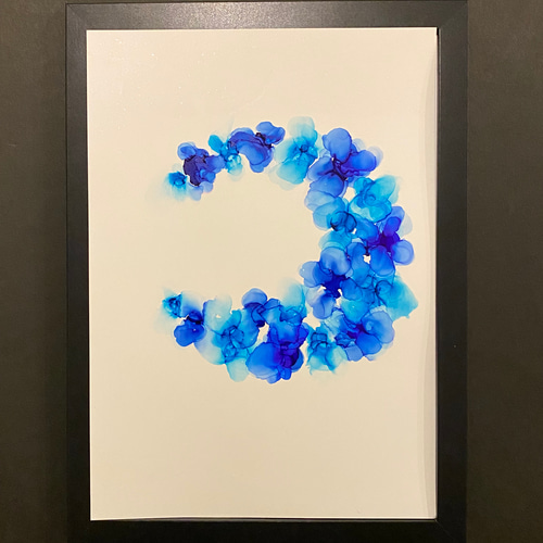 No.75 アルコールインクアート 原画 A4サイズ 絵 月 花 青 オパール