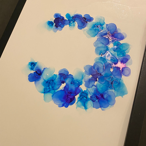 No.75 アルコールインクアート 原画 A4サイズ 絵 月 花 青 オパール