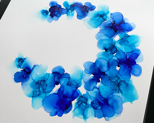 No.75 アルコールインクアート 原画 A4サイズ 絵 月 花 青 オパール