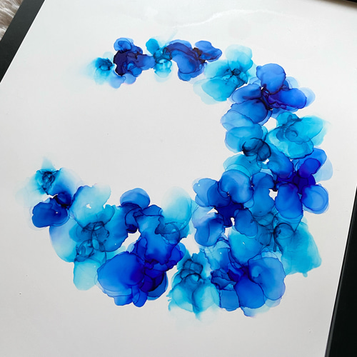No.75 アルコールインクアート 原画 A4サイズ 絵 月 花 青 オパール
