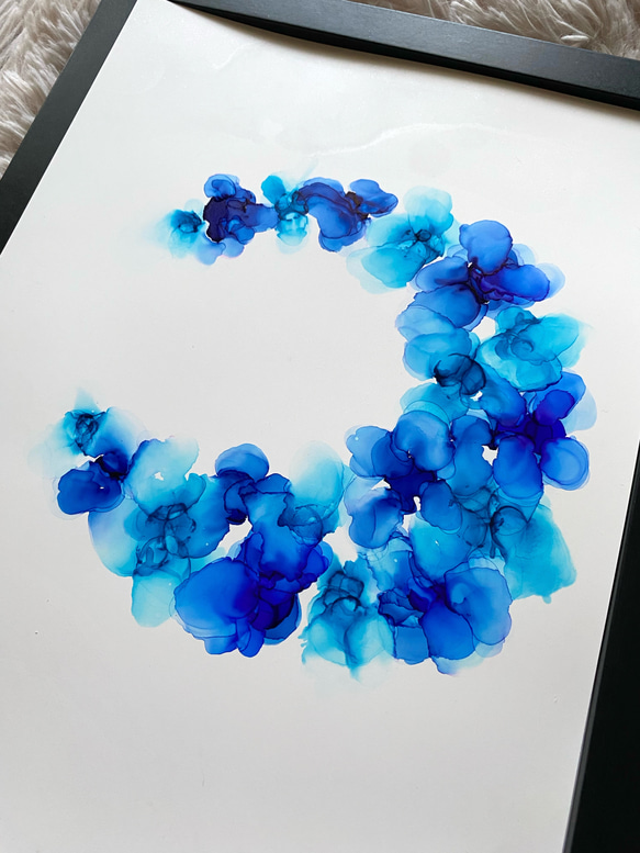 No.75 アルコールインクアート 原画 A4サイズ 絵 月 花 青 オパール