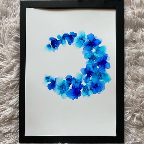 No.75 アルコールインクアート 原画 A4サイズ 絵 月 花 青 オパール