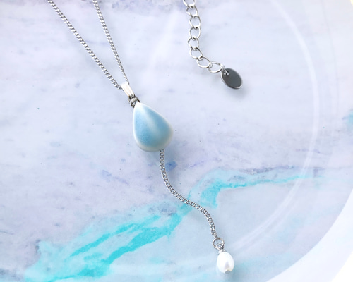 【blue.ks】No.3 天然淡水パール×瑪瑙のデザインネックレストップ 美濃焼×淡水パールのネックレス フロストブルー 【Hokuleaオリジナル