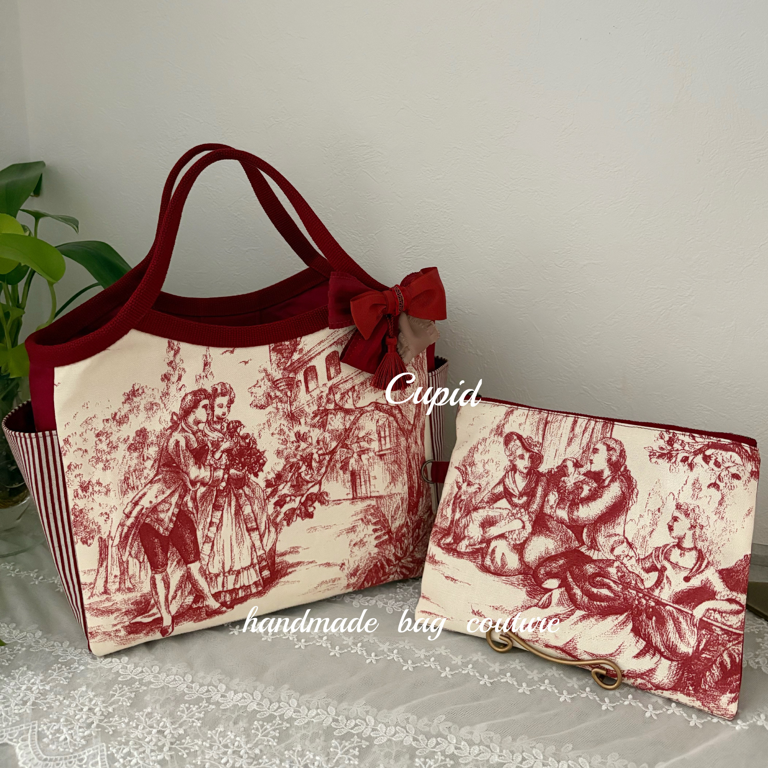 フランスストフ社　トワルドジュイ（貴婦人柄）を使ったグラニーバッグ（リボンコサージュ・ポーチ付き）