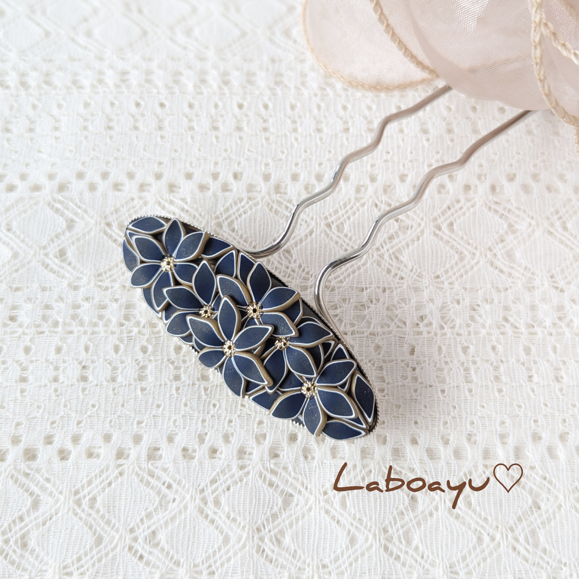 小判型かんざし〈Bouquet・navyクリスタルflower・盛り〉