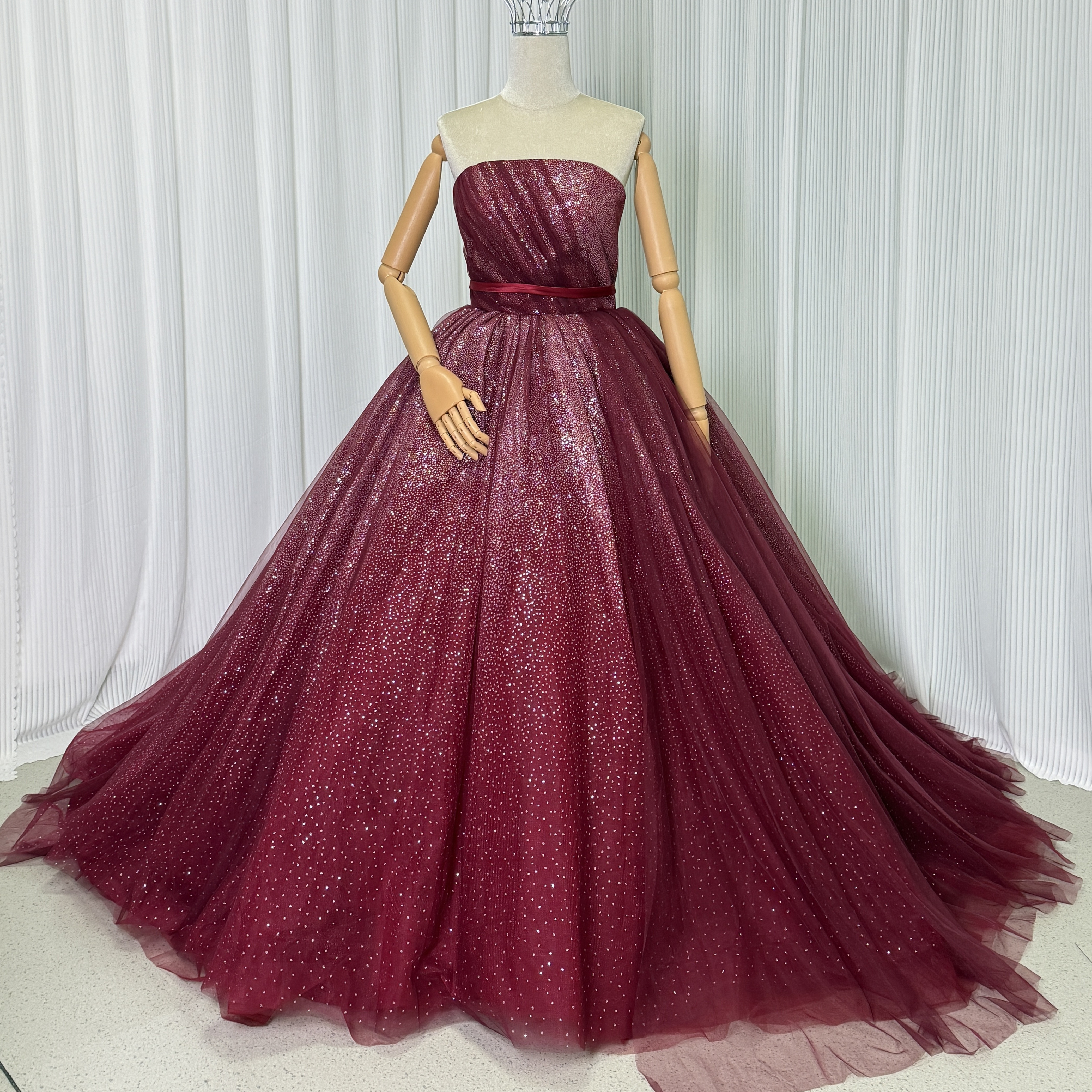 送料無料！カラードレス  ビスチェタイプ ワインレッド キラキラグリッターチュール Aライン 素敵な エレガント