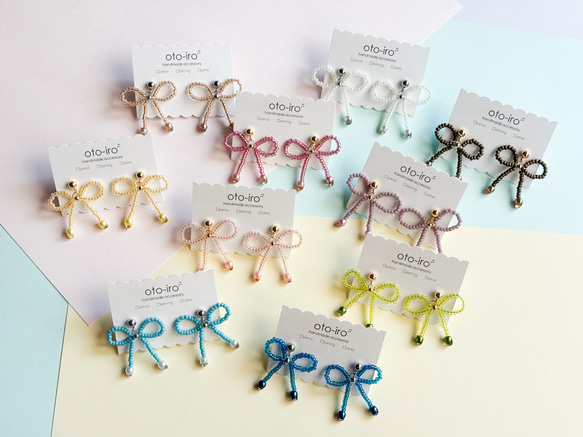 【ribbon】10色から選べる! きゅっと結んだビーズリボンのピアス/イヤリング　可愛い　揺れる　♡送料無料♡ 18枚目の画像