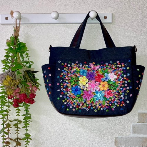 新作！お出掛けトート☆3WAY☆ショルダー紐付き☆手刺繍☆ トート 