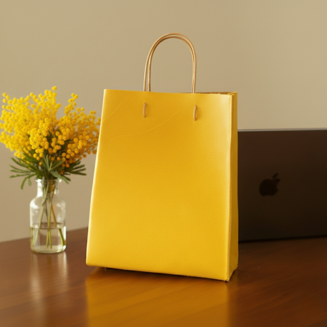 スクエアボックス イタリアンレザートートバッグ　ペーパーバッグをモチーフに元気の出るミモザイエローの本革