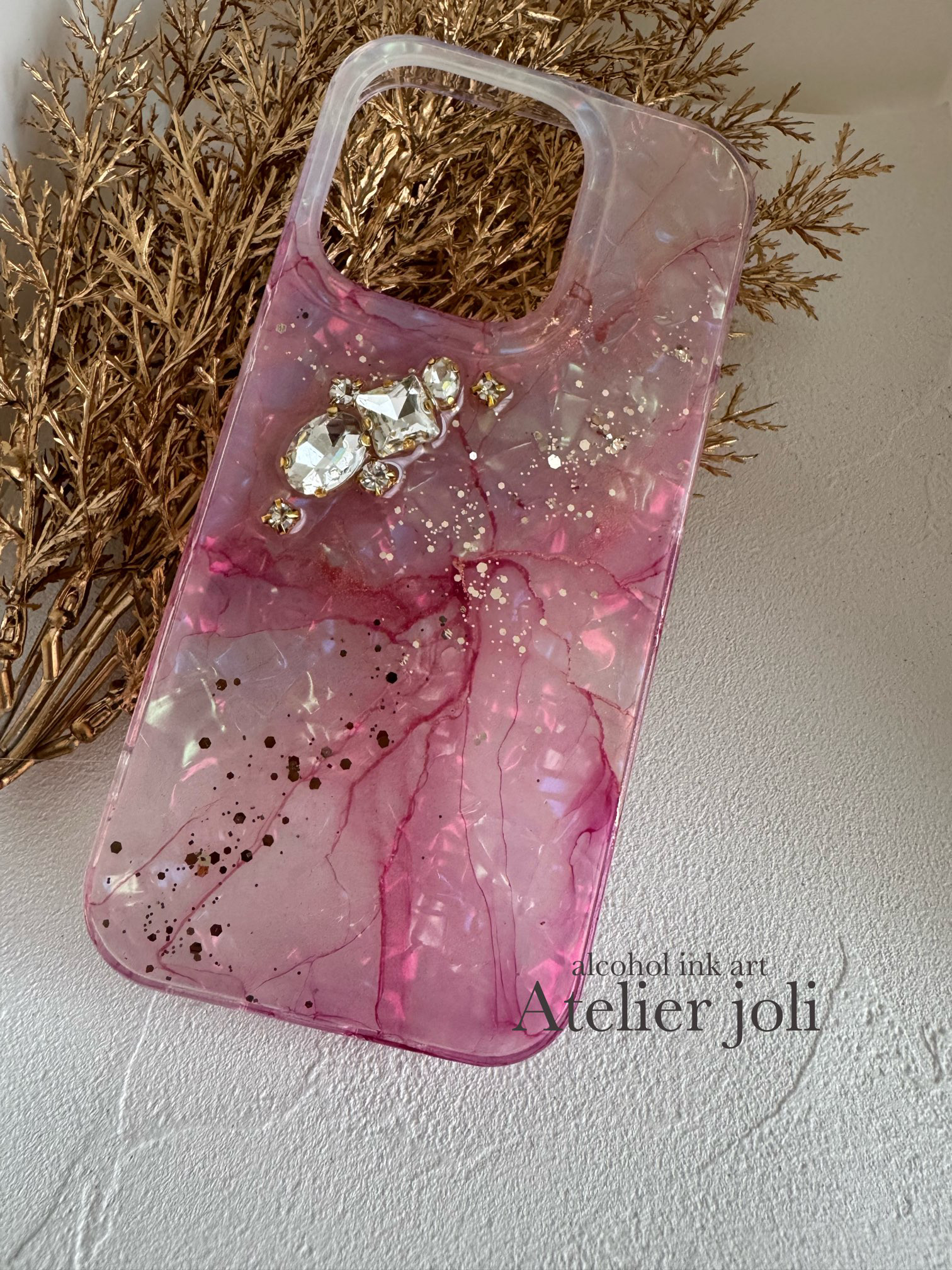 ピンクビジュー×オーロラケース｜iPhone対応／アルコールインクアート