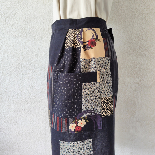 古着物リメイク パッチワーク エプロン 縞木綿 格子柄 古着物リメイク パッチワーク エプロン 縞木綿 格子柄