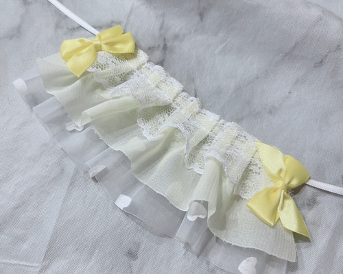 ぬい用 ヘッドドレス イエロー 黄色 白レース ハート リボン ぬい服