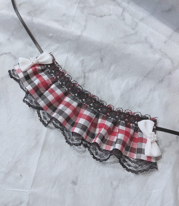 ぬい用 ヘッドドレス ぬい服 チェック 赤 レッド 黒 りぼん リボン