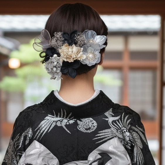 【ブラック×クリアの大人髪飾り】成人式/ 卒業式/ 結婚式 /色打掛 振袖 着物 留袖 袴　ドレス