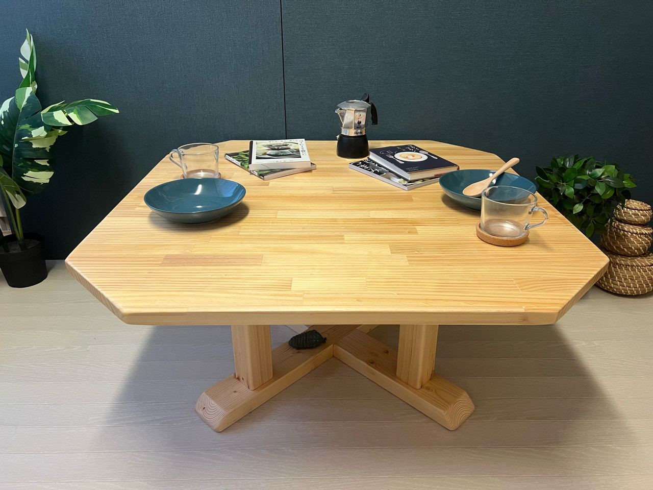 【送料無料】 ローテーブル 八角形 90cm パイン ナチュラル 木組支柱脚