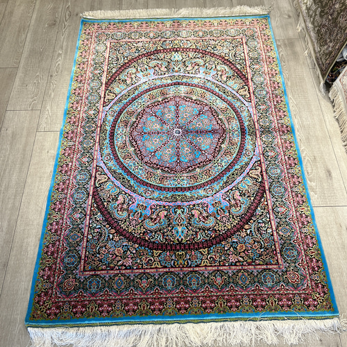 ペルシャ絨毯　手作り シルク 100% SILK QOM 142CM シルクペルシャ絨毯(100x150) カーペット・絨毯・ラグ・マット