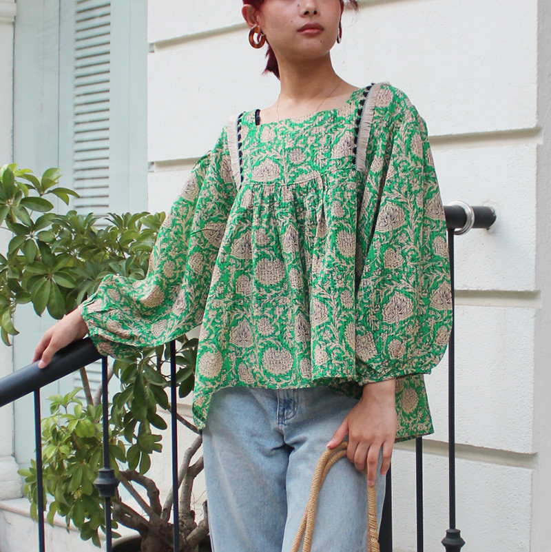 さらっと涼しい◉大人エスニックサマーブラウス　エスニックグリーン