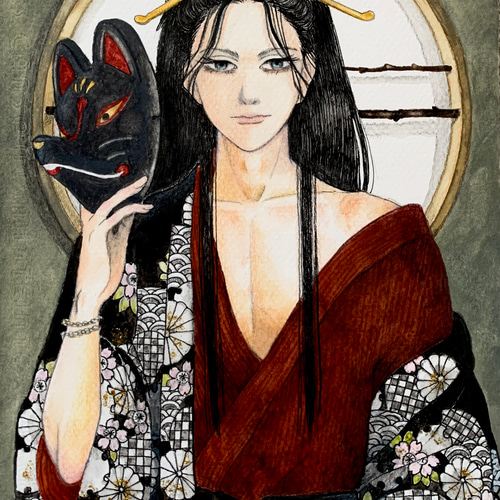 手描きイラスト✢創作水彩原画『祓い屋』三男 手描きイラスト✢創作水彩原画『夏の青』 - メルカリ