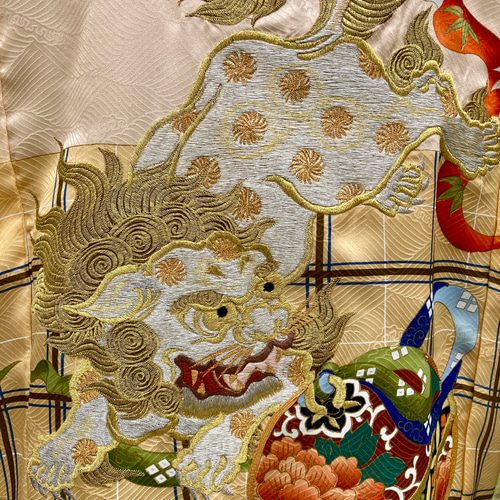 スカジャン着物地ハンドメード 着物リメイクスカジャン 産着リメイク リバーシブル 獅子 刺繍 メンズL