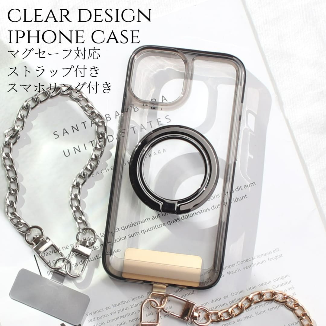 iPhone ケース クリア リング付き 17 16 15 14 SE 13 チェーン ショート ストラップ マグネット