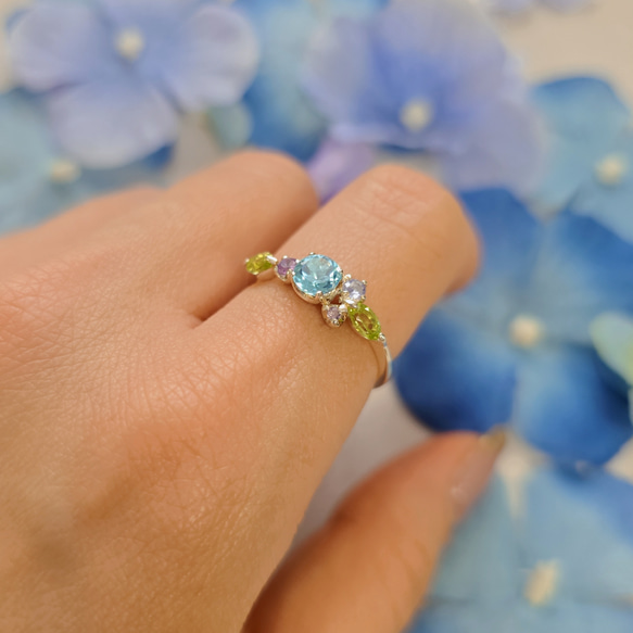 ◇天然石＊紫陽花＊スイスブルートパーズ＊タンザナイト*アメジスト＊ピンクトルマリン＊ぺリドットH-119RH 4枚目の画像