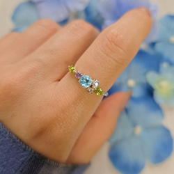 ◇天然石＊紫陽花＊スイスブルートパーズ＊タンザナイト*アメジスト＊ピンクトルマリン＊ぺリドットH-119RH 9枚目の画像