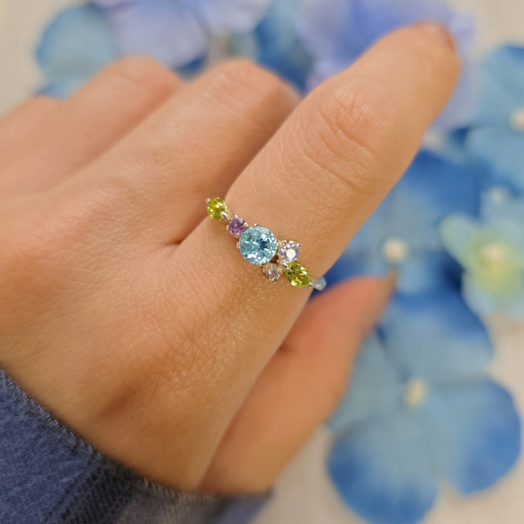 ◇天然石＊紫陽花＊スイスブルートパーズ＊タンザナイト*アメジスト＊ピンクトルマリン＊ぺリドットH-119RH 9枚目の画像