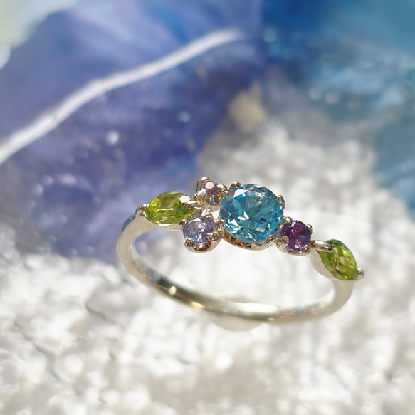 ◇天然石＊紫陽花＊スイスブルートパーズ＊タンザナイト*アメジスト＊ピンクトルマリン＊ぺリドットH-119RH 5枚目の画像