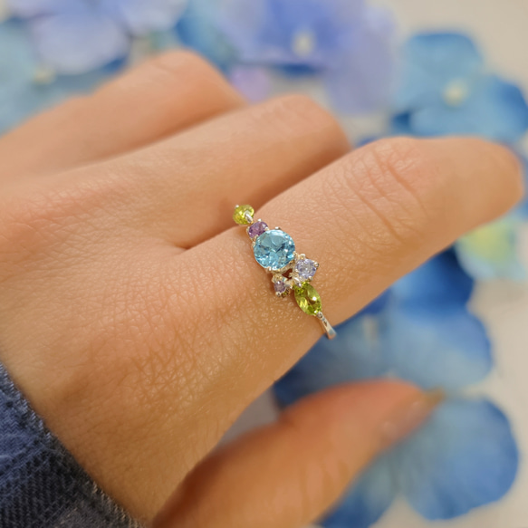 ◇天然石＊紫陽花＊スイスブルートパーズ＊タンザナイト*アメジスト＊ピンクトルマリン＊ぺリドットH-119RH 3枚目の画像