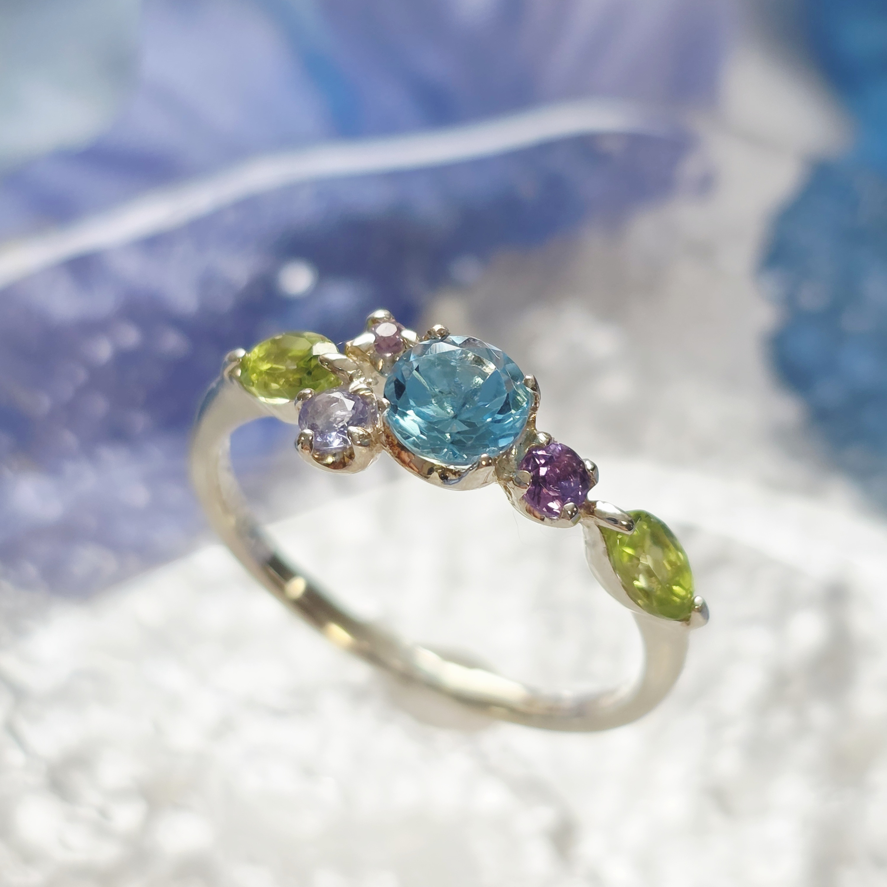 ◇天然石＊紫陽花＊スイスブルートパーズ＊タンザナイト*アメジスト＊ピンクトルマリン＊ぺリドットH-119RH