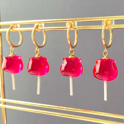 2025リニューアル】りんご飴のイヤリング レジン サージカルステンレス
