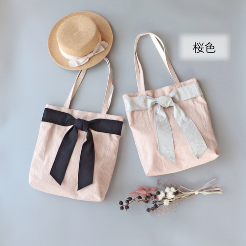 夏限定＊甘すぎない大人のリボントート（芥子色）コットンリネン