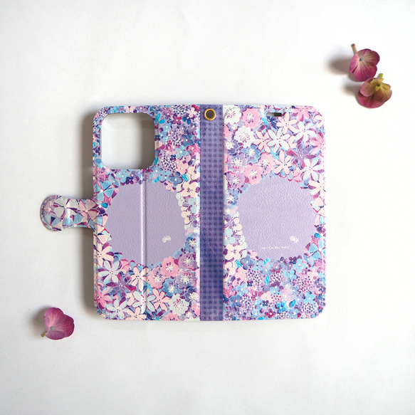 【名入れ】紫陽花の手帳型スマホケース（カード入れ・スタンド付き）iPhone Android 全機種対応 3枚目の画像
