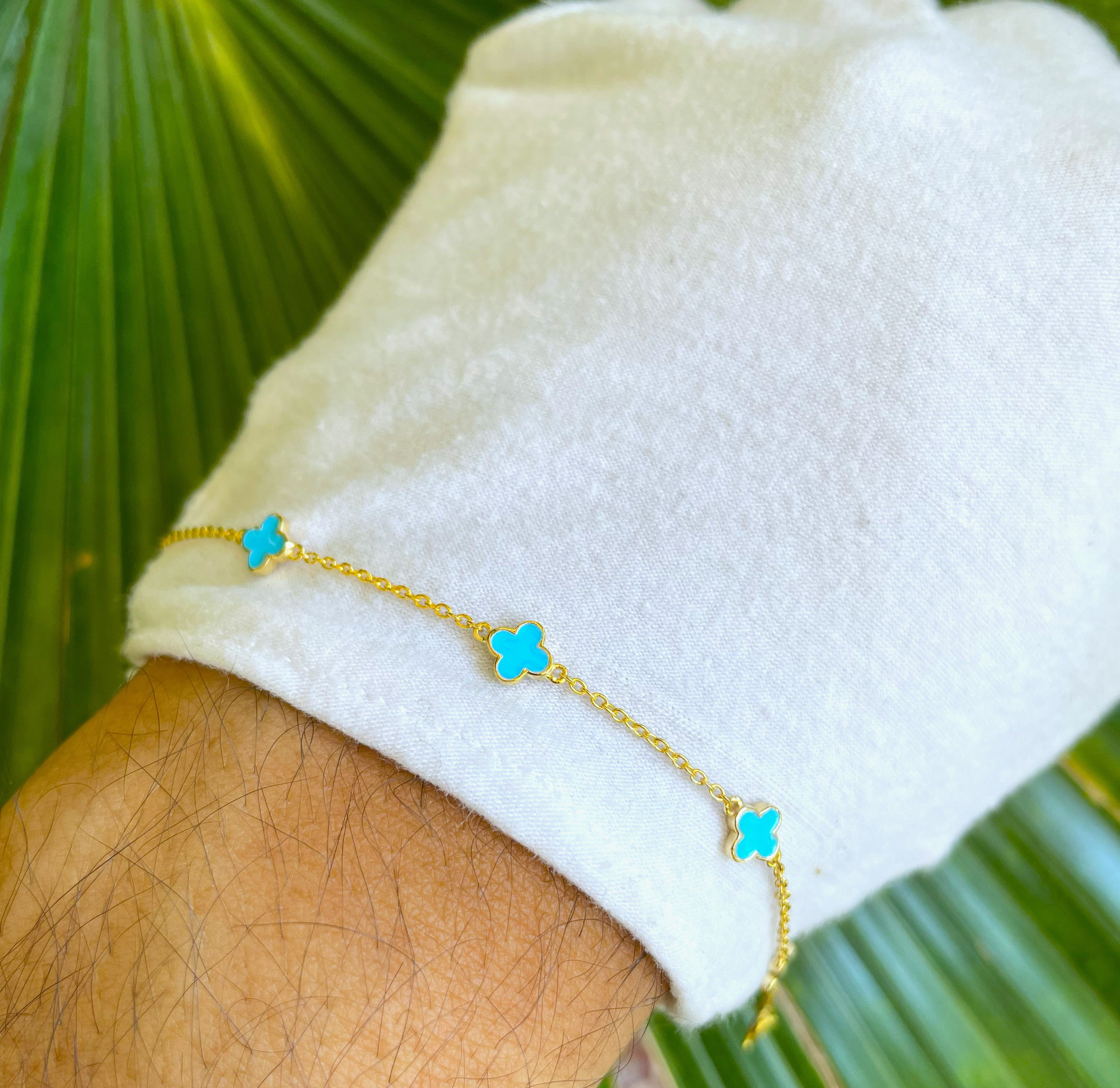 925シルバー/クローバーリーフモチーフターコイズエナメルブレスレット
