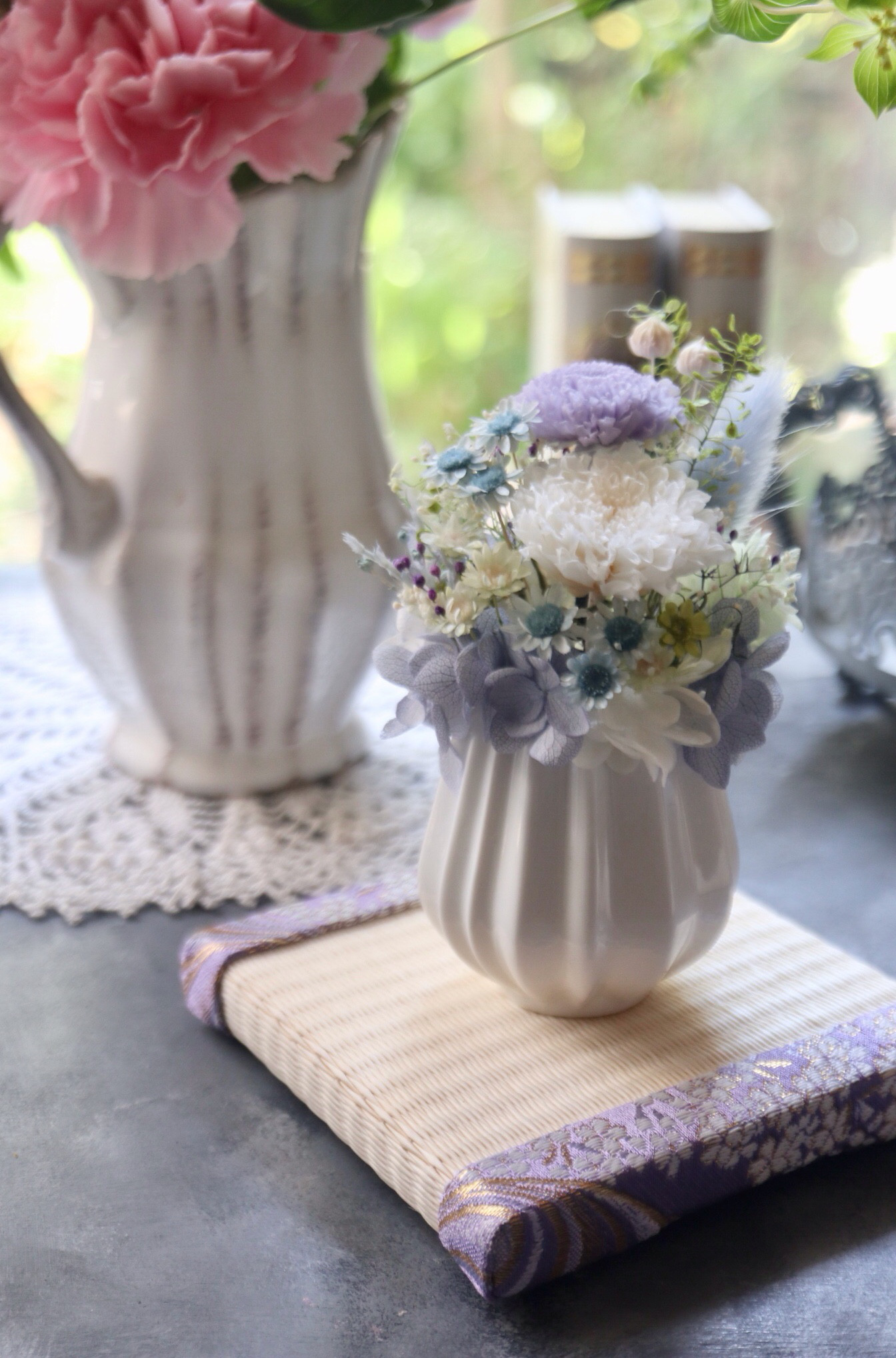 選べるミニ畳＊ミニ畳セット雫ss・可愛い和花で・ブルー【ペットお供え花・お供え花・プリザーブドフラワー仏花］受注制作