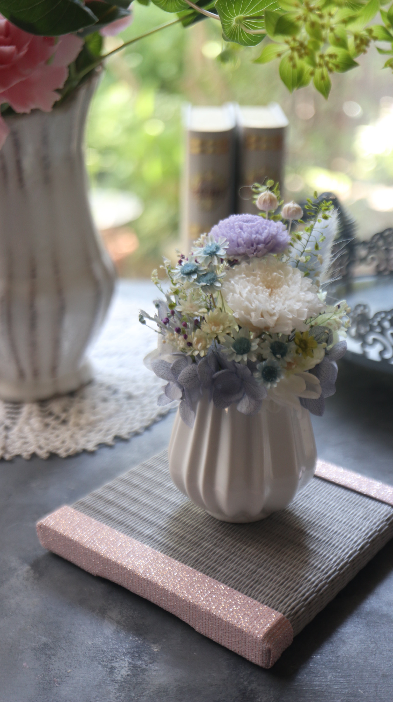 選べるミニ畳＊ミニ畳セット雫ss・可愛い和花で・ブルー【ペットお供え花・お供え花・プリザーブドフラワー仏花］受注制作