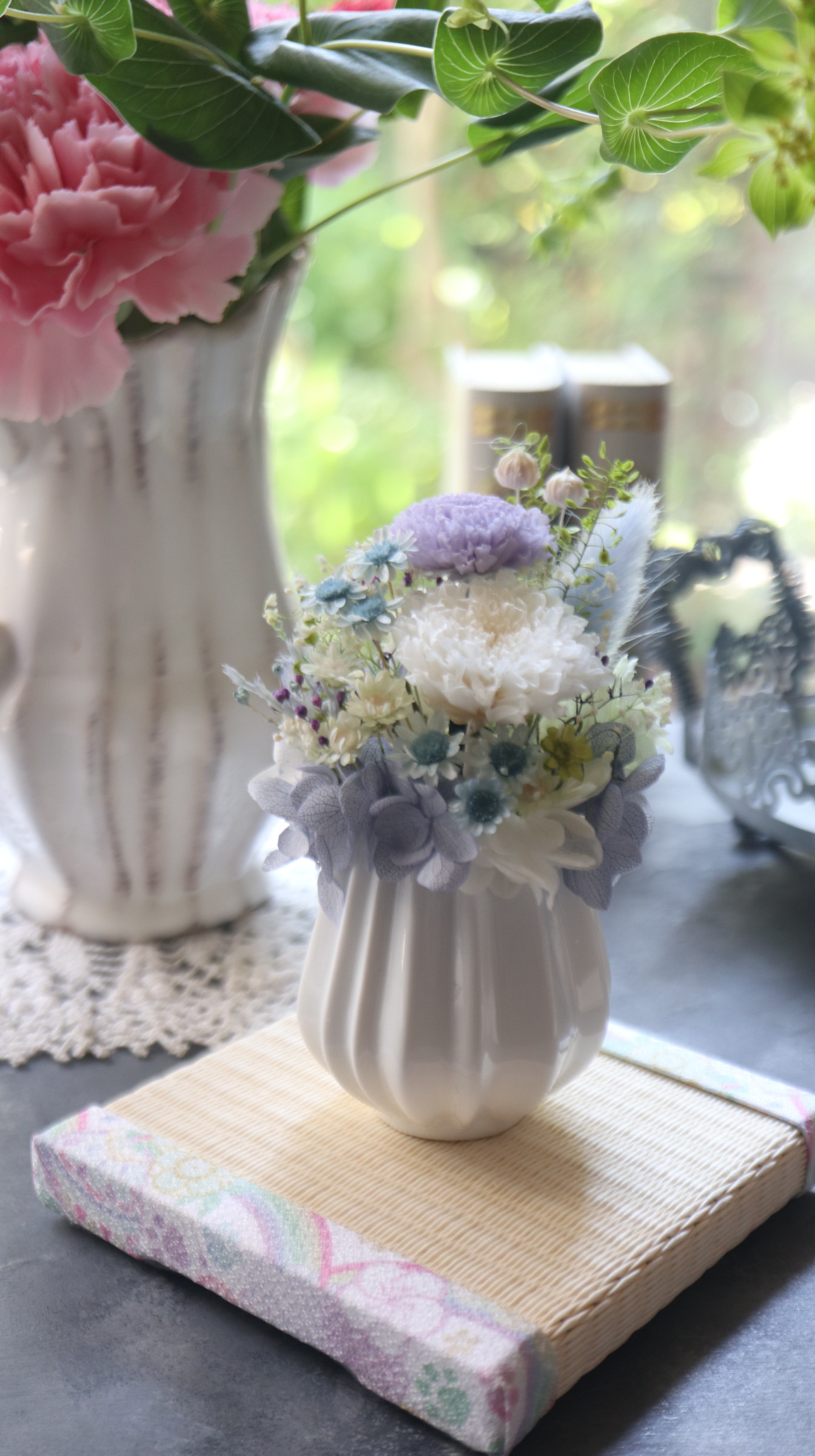 選べるミニ畳＊ミニ畳セット雫ss・可愛い和花で・ブルー【ペットお供え花・お供え花・プリザーブドフラワー仏花］受注制作