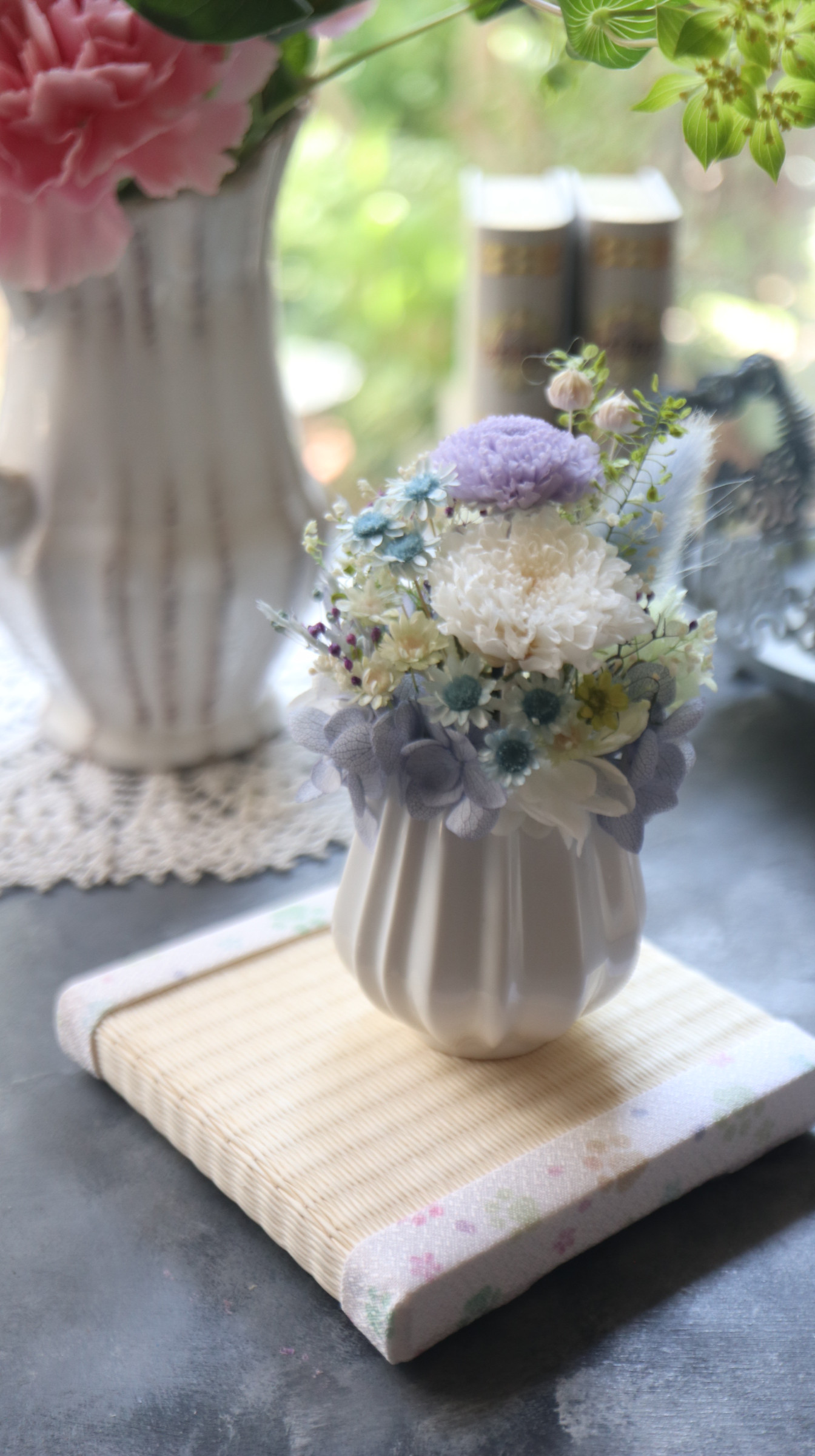 選べるミニ畳＊ミニ畳セット雫ss・可愛い和花で・ブルー【ペットお供え花・お供え花・プリザーブドフラワー仏花］受注制作