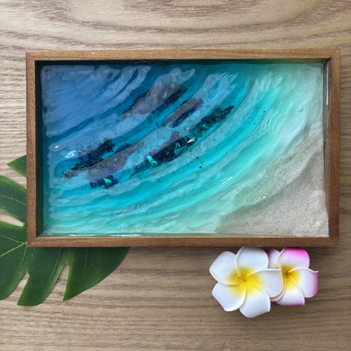 サンゴ礁のある海 レジン オーシャンアート 波紋砂紋 木製トレー 小物